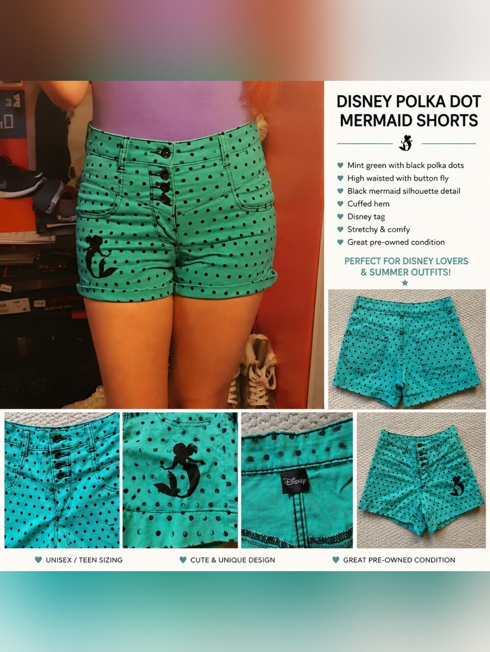 Disney High-Waist Teal Little Mermaid Polka Dot Juniors Shorts